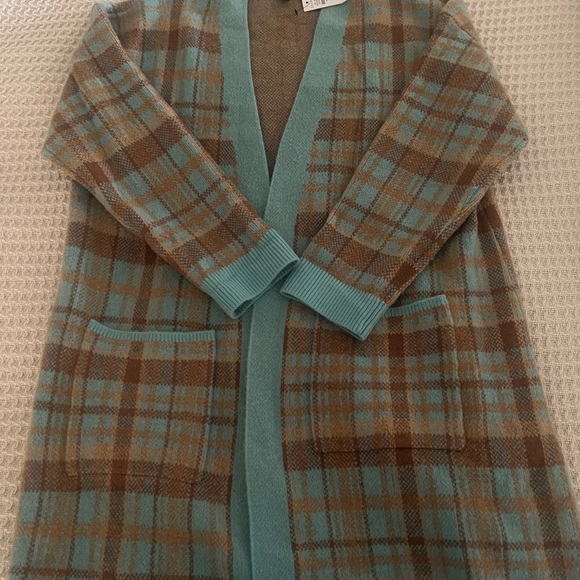NWT Ladies Talbots Brown and Blue Plaid Long Cardigan / Sweater Coat, Size PL - Picture 1 of 2